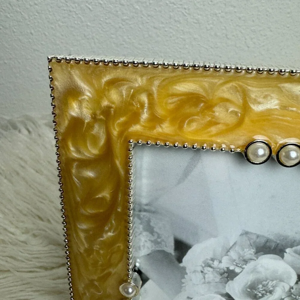 NEW Yellow Enamel Metal Picture Frame Decorated Pearl
